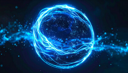 Fototapeta premium Round glowing orb of neon blue particles and energy waves, dynamic motion effect, abstract floating sphere