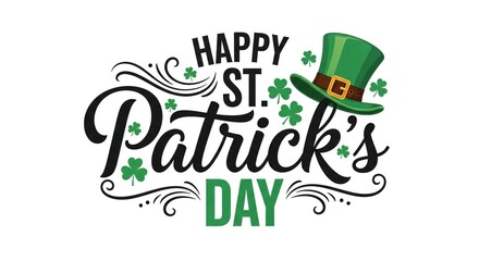 Happy St Patrick&rsquo;s Day Hand Lettering Typography with Shamrocks and Leprechaun Hat