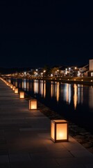 Obraz premium Tranquil Night at Japanese Lantern Festival with Reflective Water and Scenic Lights