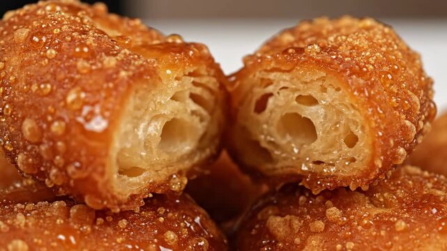 Macro shot of golden fried dough dessert (like beignet or churro) coated in glistening honey or syrup being pulled apart, revealing the sweet, airy interior texture.