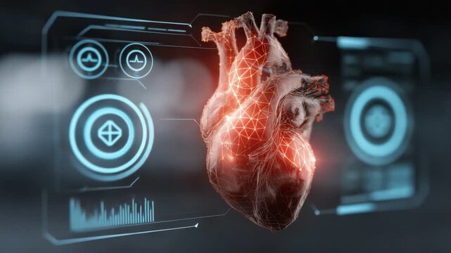 A futuristic rendering of a human heart, highlighted with glowing effects and surrounded by holographic display elements, showcasing advances in medical technology and health monit