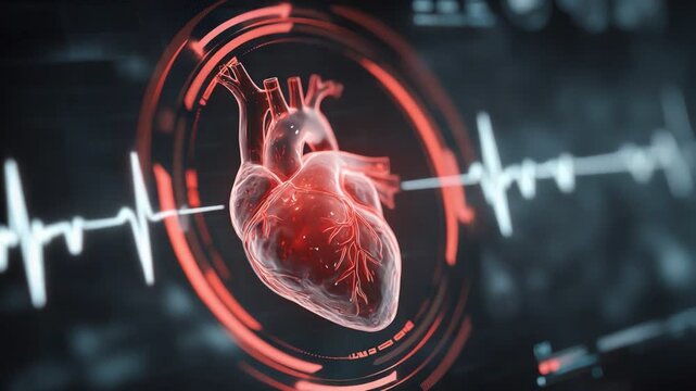 A digitally rendered image of a human heart, emphasizing its structure against a backdrop of heartbeat waves, representing health monitoring and medical technology.