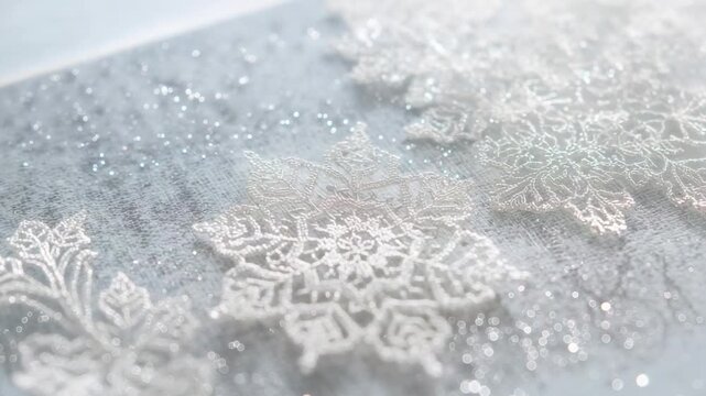 Focusing camera on centered white lace snowflake on bluish-gray paper, revealing glitter bokeh