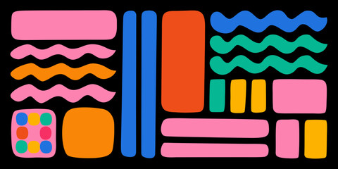 Abstract arrangement of colorful geometric shapes on a black background