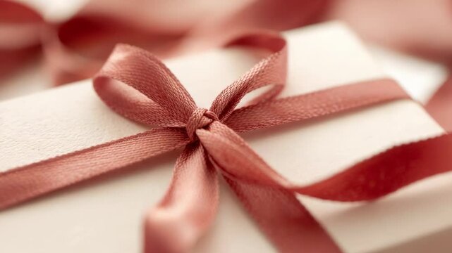 Zooming camera revealing dusty-rose satin ribbon knot on cream box in studio, highlighting texture