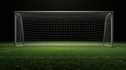Fototapeta premium Soccer goal with a white net on a grass field, isolated against a black background.