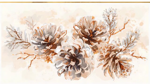 Slow camera zooming revealing watercolor pinecones on beige paper in studio, exposing gold frame