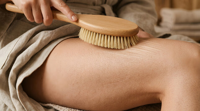 Close up of dry brushing on the thigh to stimulate lymphatic drainage, support body detox, and improve circulation as part of self care