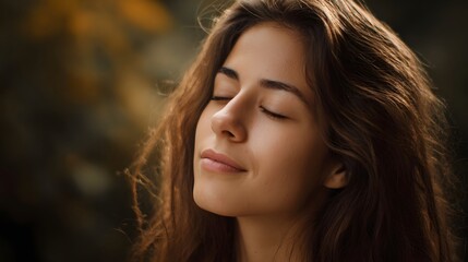 Fototapeta premium Serene young woman with eyes closed enjoying a peaceful moment in nature with warm ambient lighting