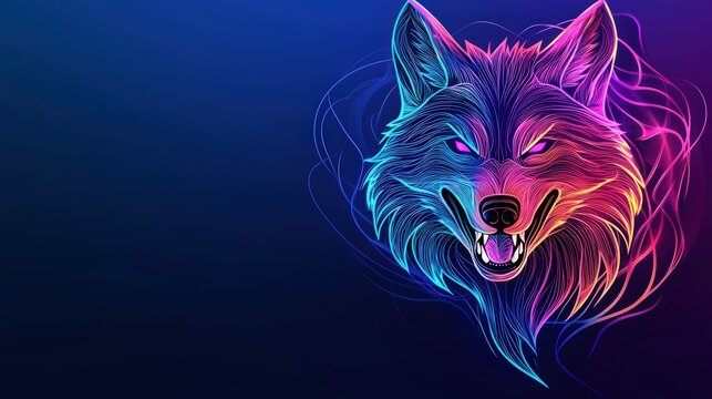A neon cyber wolf snarling as it breaches a digital firewall, symbolizing a brute-force attack.