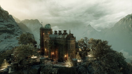 Snowy mountain castle glowing with lights, towering stone walls and turrets rise from pinecloaked ridge, warm windows and chimney smoke suggesting inhabited © icetray