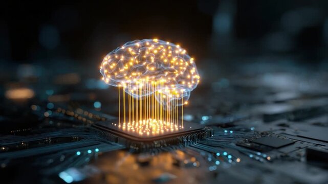 Illuminated Brain on Circuit Board: A glowing, stylized brain hovers above a complex circuit board, symbolizing intelligence and technological advancement.