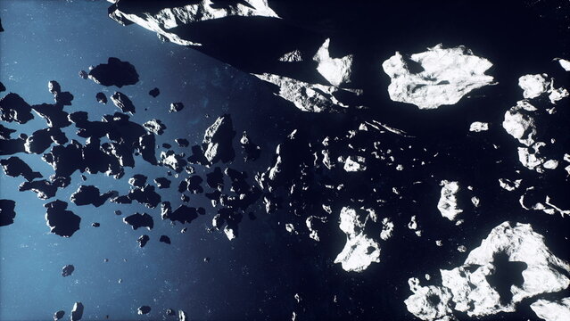 Chaotic asteroid swarm casting sharp silhouettes across starfield, tumble of jagged fragments creates highrisk corridor for salvage interceptor, emergency