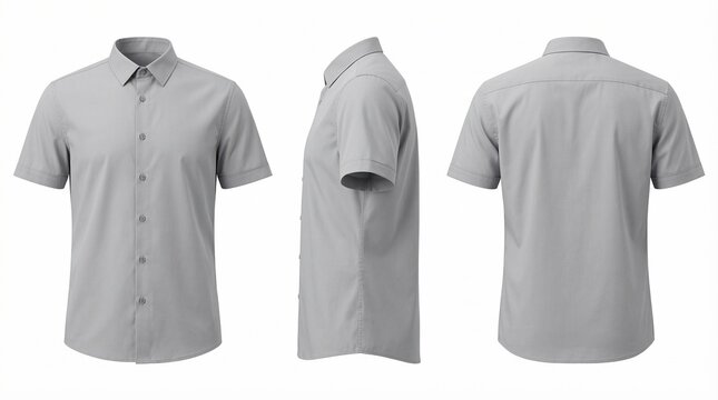 Three views of a gray short-sleeved button-down shirt isolated on white.