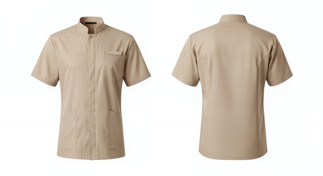 Front and back views of a beige short-sleeved work shirt uniform with mandarin collar, ideal for service industry apparel, isolated on white background.