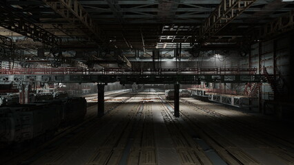Wide underground docking corridor with dim lighting, freight tracks and stacked pallets punctuating concrete walls, cold steel surfaces and exposed cables © icetray