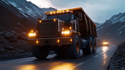 Heavy mining dump truck driving on a mountain road at twilight