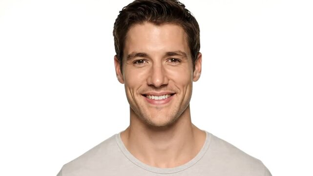 Handsome man with a warm smile looks directly into the camera wearing a light grey shirt against a clean white background