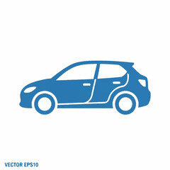 Fototapeta premium A blue car icon viewed from the side featuring two wheels a door and a hatchback