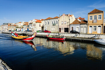 Obraz premium Moliceiro boat sailing in the San Roque canal, Aveiro, Beira Litoral, Portugal, Europe
