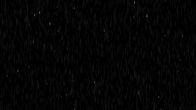 2d Animation heavy rain Falling with raindrops footage animation in mealtime on black background. Strong raining motion 4k stock video.