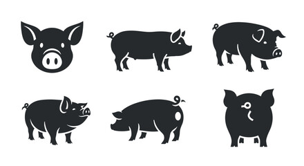 Fototapeta premium A set of six black pig silhouettes on transparent background