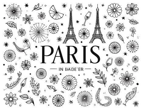 Black and white illustration of Paris with floral and food doodles