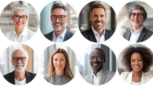 Diverse Leadership: A collage of diverse male and female executives in business formal wear, circular frames