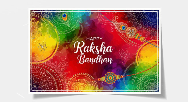 Happy Raksha Bandhan Celebration with Colorful Peacock Feather Design and Rakhi