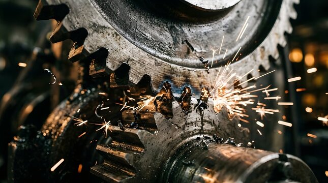 Industrial metal gears with flying sparks during mechanical work.
