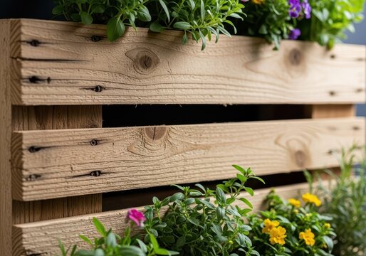 Primo piano di una fioriera verticale in legno riciclato, costruita riutilizzando doghe di vecchi pallet. Perfetta per il giardinaggio urbano, casa, pallet, ecologico