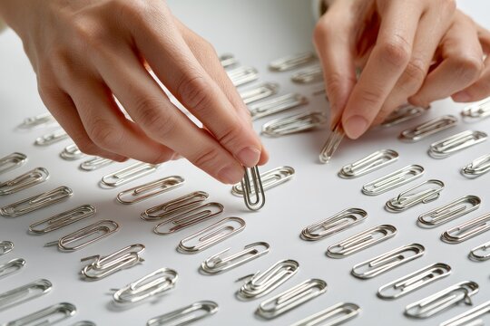 Close-up of a person sorting stationery supplies in a meticulous pattern representing order productivity administrative tasks and obsessive compulsive disorder symptoms