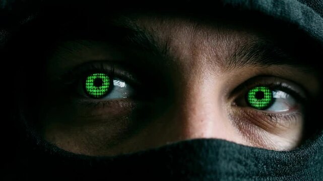Extreme close-up of hacker eyes with green binary code reflection looking at a computer screen. Anonymous criminal in a black mask plotting a cyber attack or security breach on data