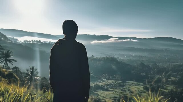 Person overlooks a misty mountain valley, standing in tall grass