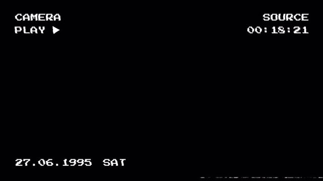 VHS camcorder playback screen with timecode, scanline noise, pixelated glitch distortion for editing. Analog tape recording screen pixelated glitch frame for filming. 4K Video
