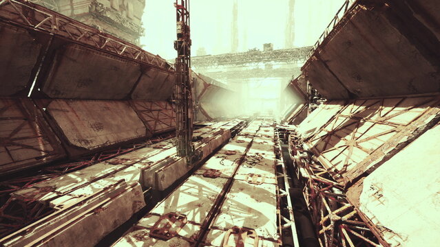 Sunlit abandoned drydock corridor with rust and sunlit tracks leading toward distant hazy horizon urban explorer imagines salvage mission while drone frames
