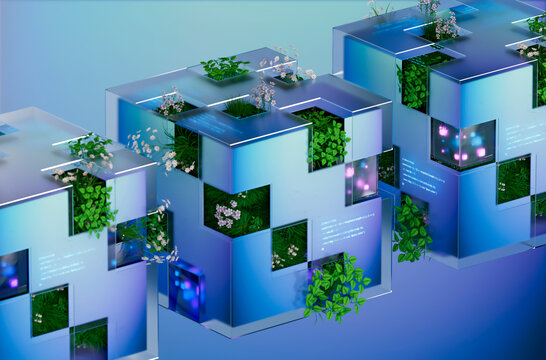 3D Modular Garden Cube cluster with glass blocks and vines