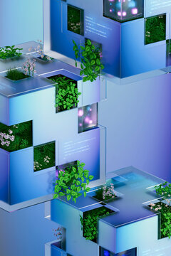 3D Glass Plant Grid with stacked cubes, code glow, and leaves