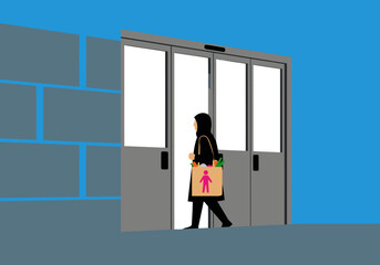 A woman exits a supermarket with a shopping bag, framed by a modern building. Clean lines and a simple composition create a clear, commercial image.
