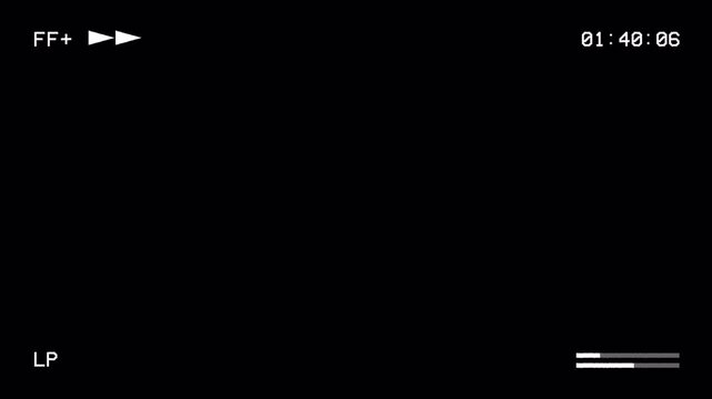 Retro VHS fast forward playback overlay with FF indicator, LP recording mode, tape counter for footage. Analog camcorder playback display with FF icon and tape counter overlay. 4K Video