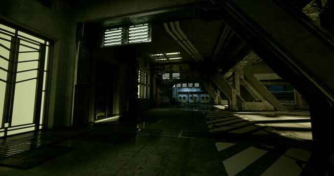 narrow maintenance passage flooded with harsh lights and deep floor shadows. exposed conduit and scuffed tiles create utilitarian texture, blinking cameras