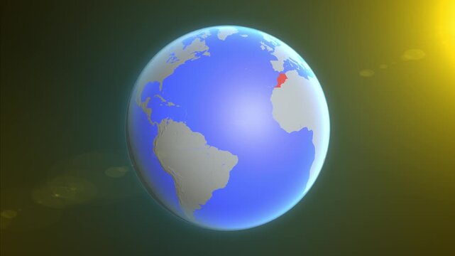 The animation shows a graphic representation of the earth and highlights the location and map of Morocco colored red.