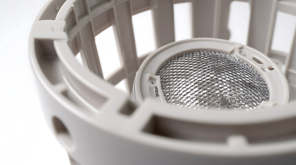 Close-up detail of a modern plastic lamp holder featuring a textured silver reflector and intricate grid design on a bright white background
