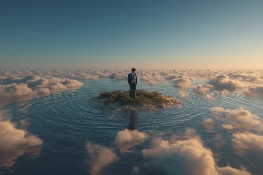 A businessman stands on a small island surrounded by clouds and water, symbolizing isolation and contemplation in a surreal landscape