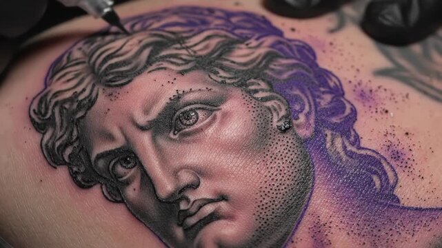 Close-up of detailed black ink portrait tattoo on skin