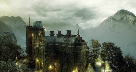 brooding battlement under alpine cloudy sky, rugged stone parapets and chimneys framed by low clouds, dramatic moody light and textured weathered surfaces © icetray