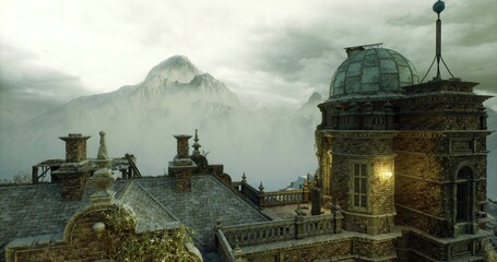 golden sunrise over baroque castle, ornate facade and roofline catching first light, gentle mist in valley below, warm glow on stone details, regal cinematic © icetray