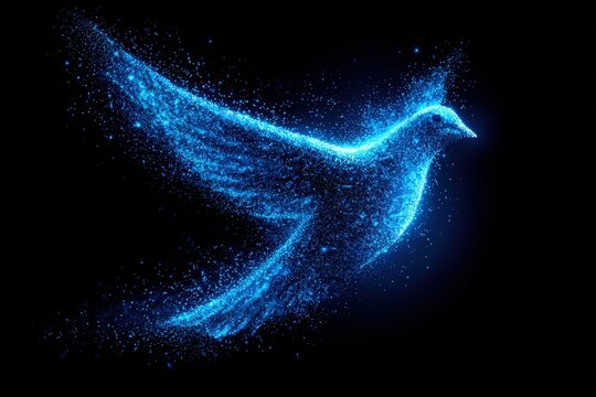 A glowing dove composed of light particles soaring through a dark sky, symbolizing peace and hope