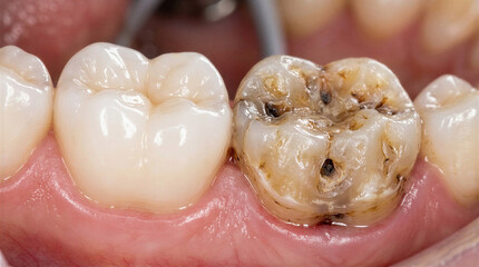 Close-up of decayed tooth next to healthy dental enamel  