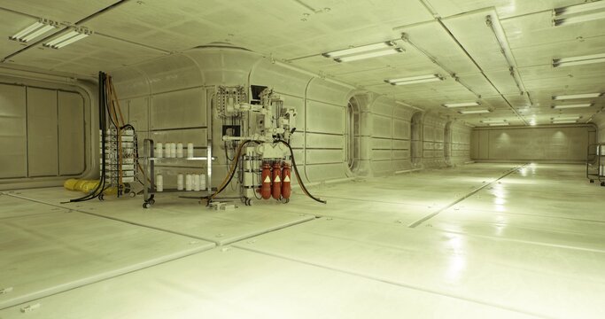 Service node housing filtration unit and tanks, hoses connected, portable compressor, floor reflections, bright sterile lighting, maintenance supplies arranged,